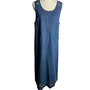 Vintage Embroidered Denim Pinafore Dress L Petite Med Wash Maxi Buttons Pockets
